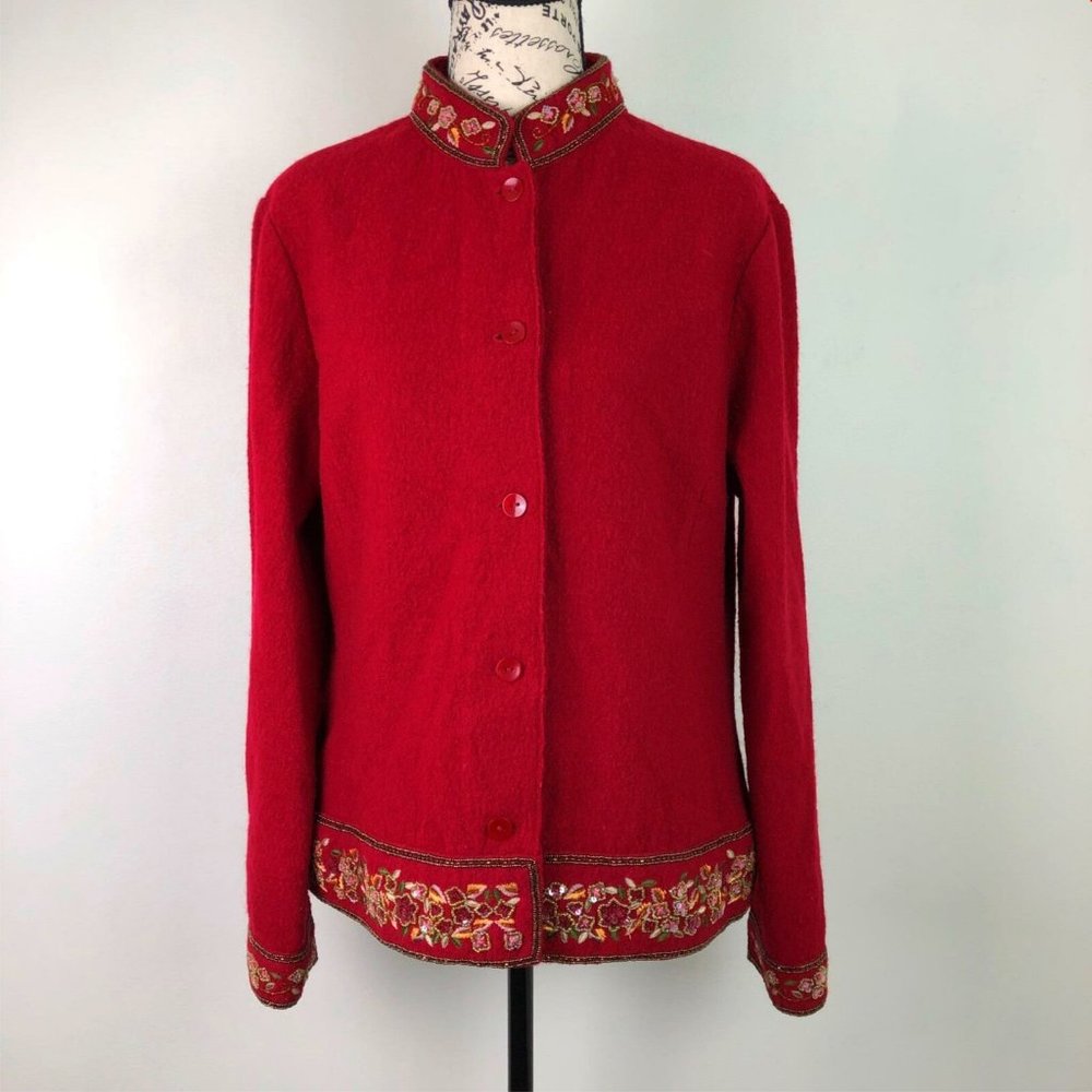 Talbots Red Wool Beaded Women's Formal Dress Jacket Cardigan Sz L